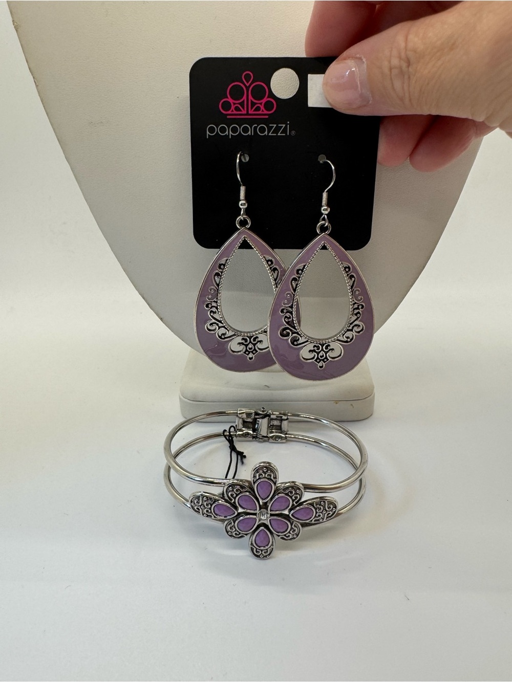 paparazzi Purple Teardrop Earrings with Floral Bangle Set